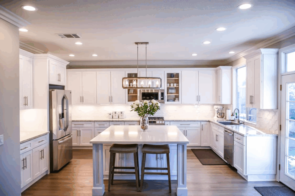 Modern white kitchen with built-in appliances and wooden cabinets in natural light