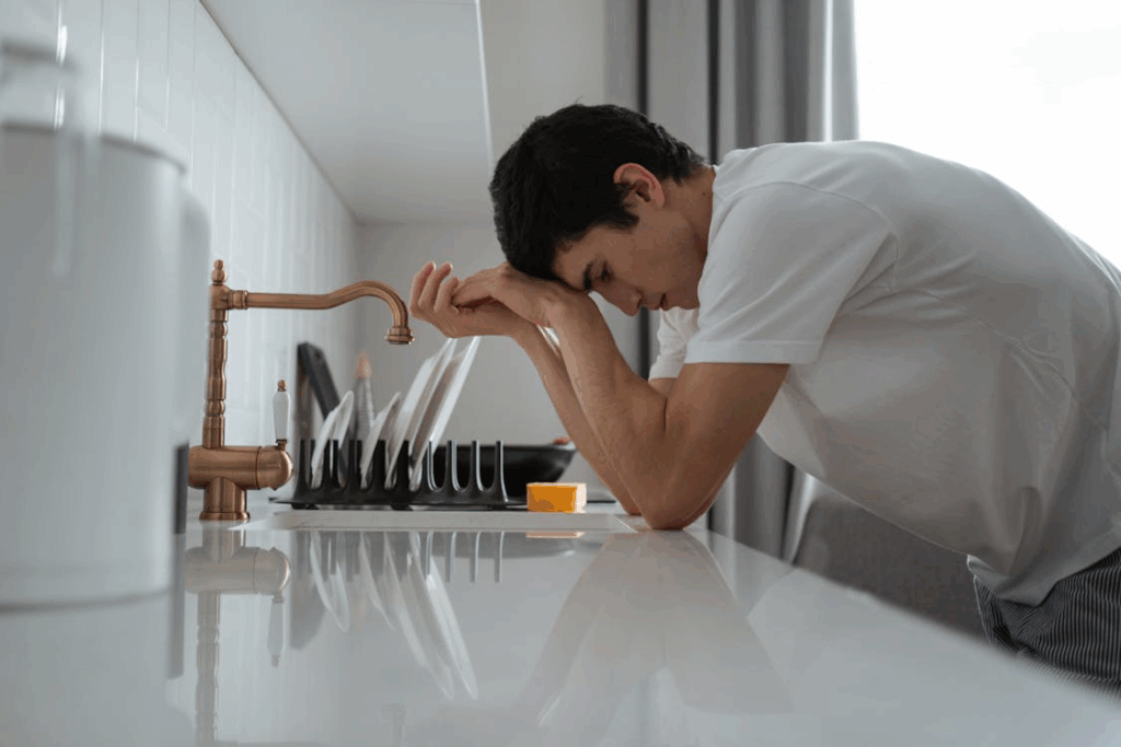 A person appears stressed, resting their head on their hands at a kitchen counter with dishes drying in the background.