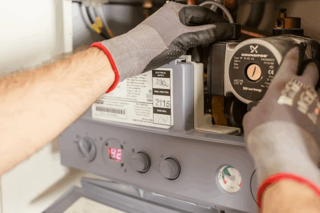 A person is wearing gloves while working on a pump or heating system, adjusting its components.