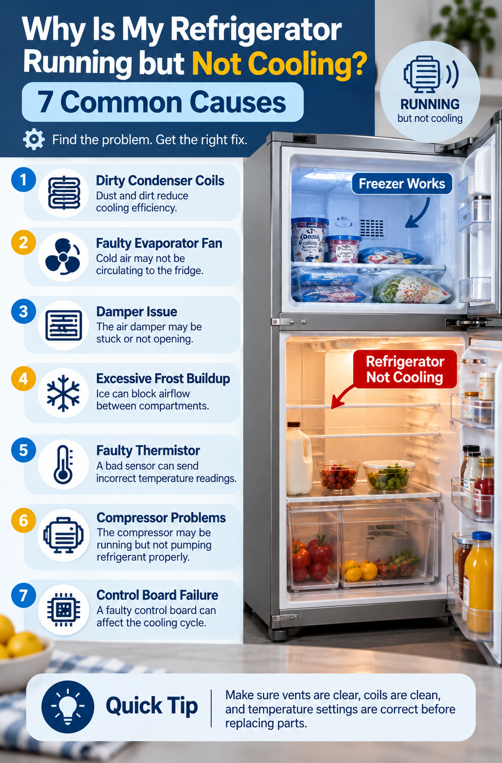 Refrigerator running but not cooling common causes